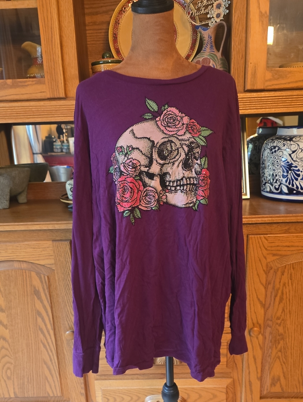 Women's Purple Long-Sleeve Graphic Tee with Skull & Rose Detail